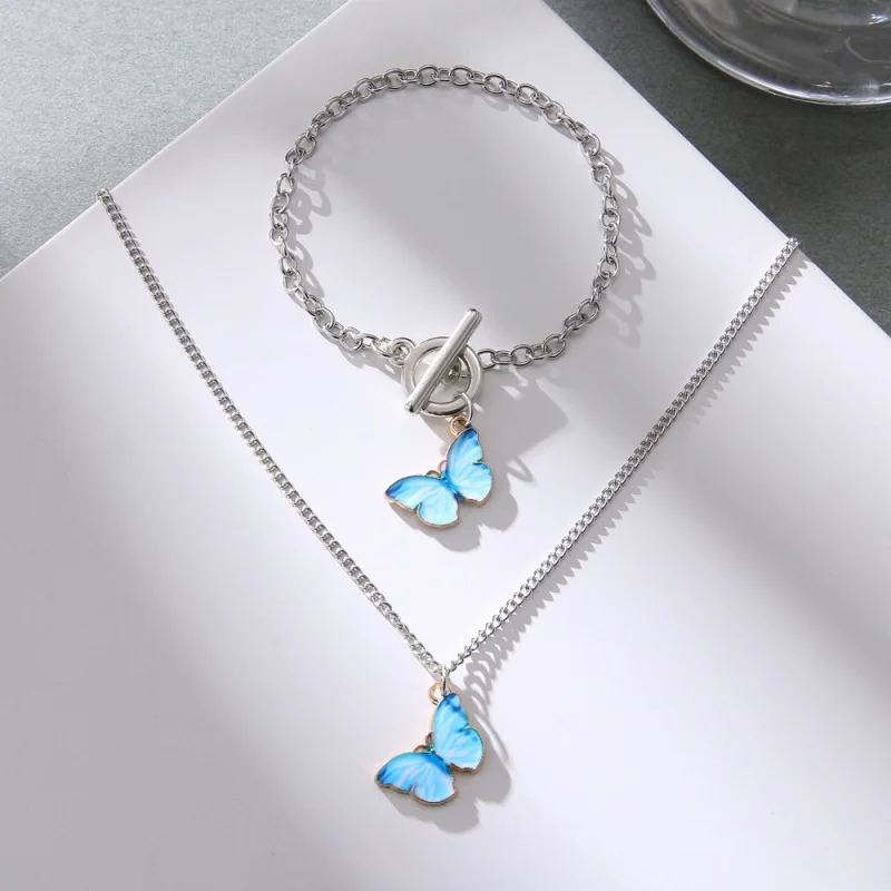 

Korean Blue Gradient Butterfly Necklace for Women Girls Silver Color Pearl Butterflies Pendant Choker Necklaces Jewelry Gifts