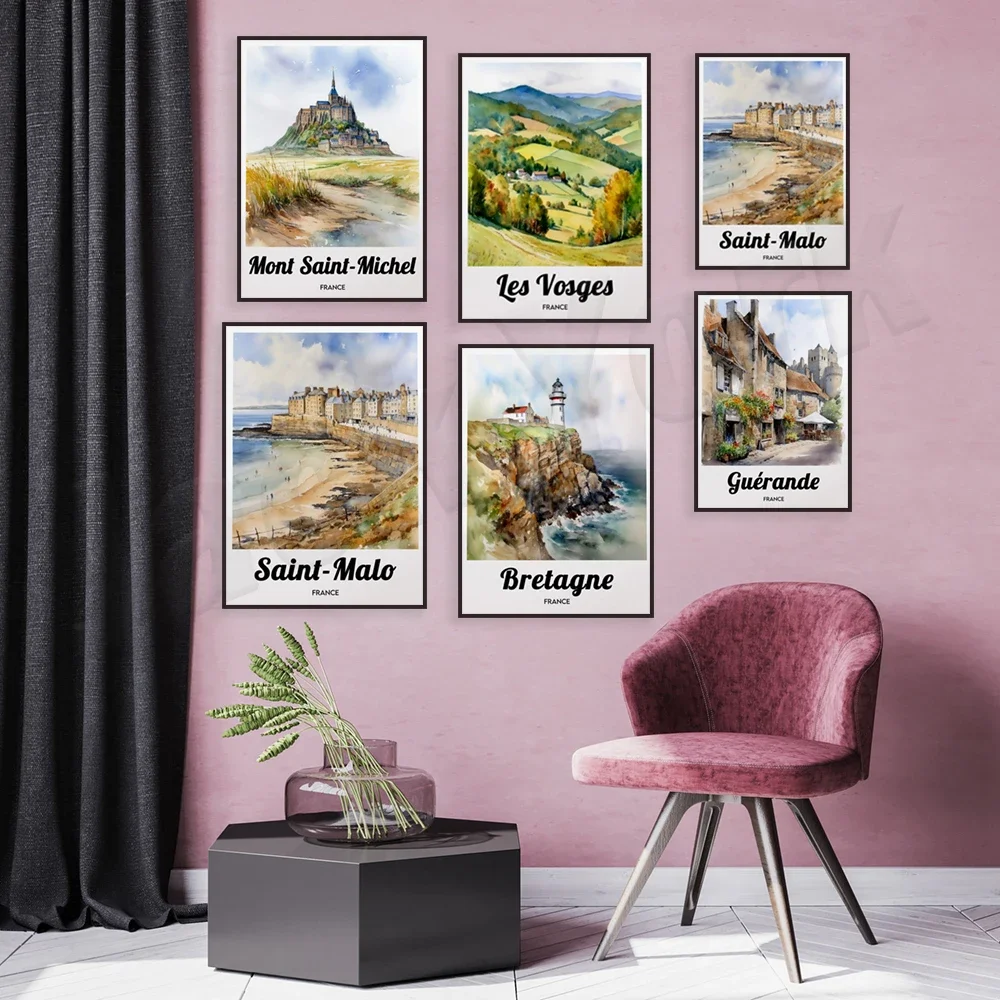 Бриттани Clermont-Ferrand Toulouse Colmar Rennes Angers Vosges Reims Mont Saint-Michel акварельный постер для