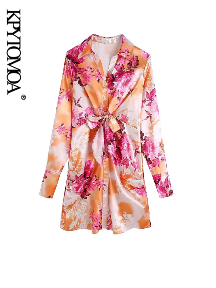 

KPYTOMOA женское модное с галстуком-бабочкой цветочный принт атласное мини-платье винтажное с длинным рукавом пуговицы спереди женские платья