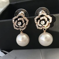 camellia pearl number 5 drop earrings long dangle chain black white flower rhinestone famous brand luxury jewelry women gift