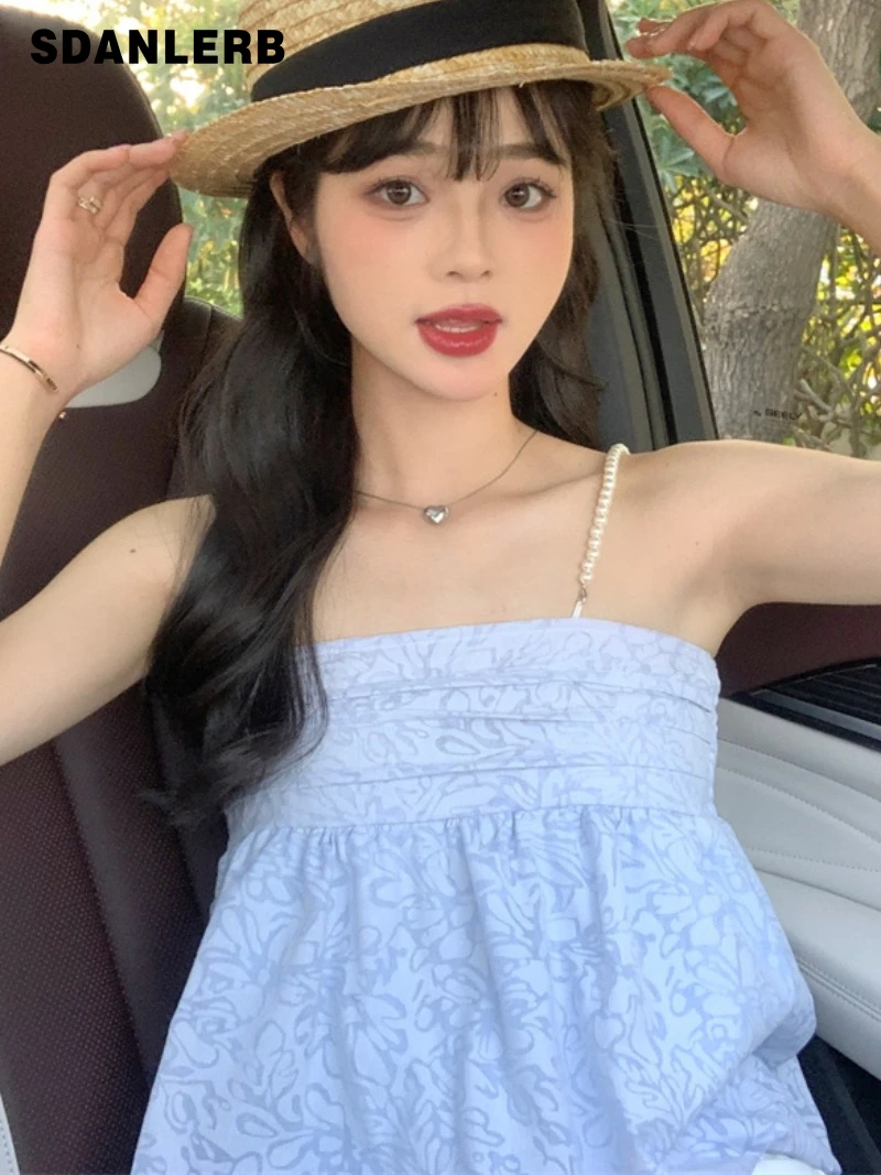 

Французская Милая пышная верхняя одежда, милый женский летний топ на бретельках без рукавов, Свободный жилет с открытыми плечами, популярны...