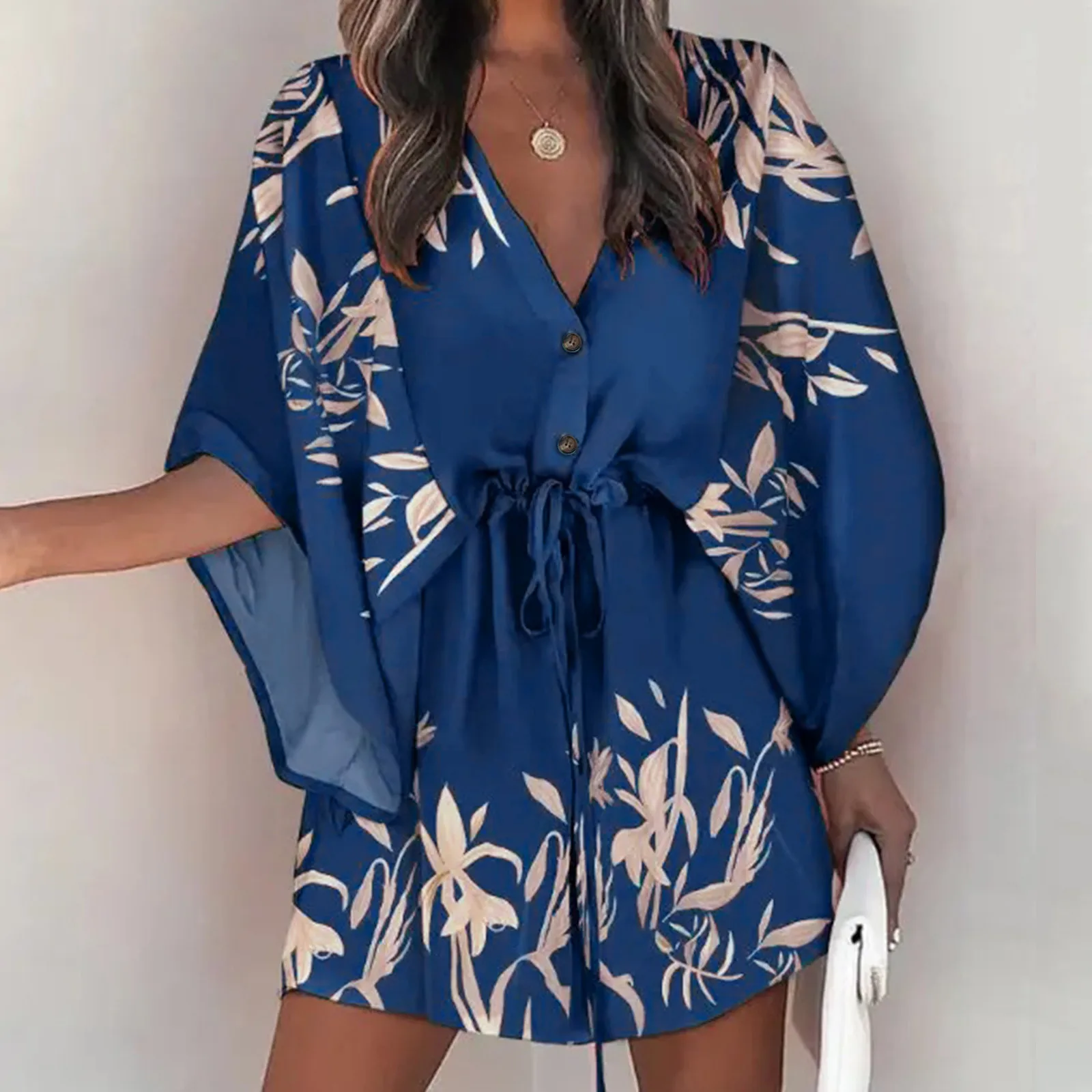Boho Print Holiday Mini Dress Women 2023 Summer Fashion Batwing Sleeve V Neck Loose Dress Lady Casual Drawstring Button Dresses