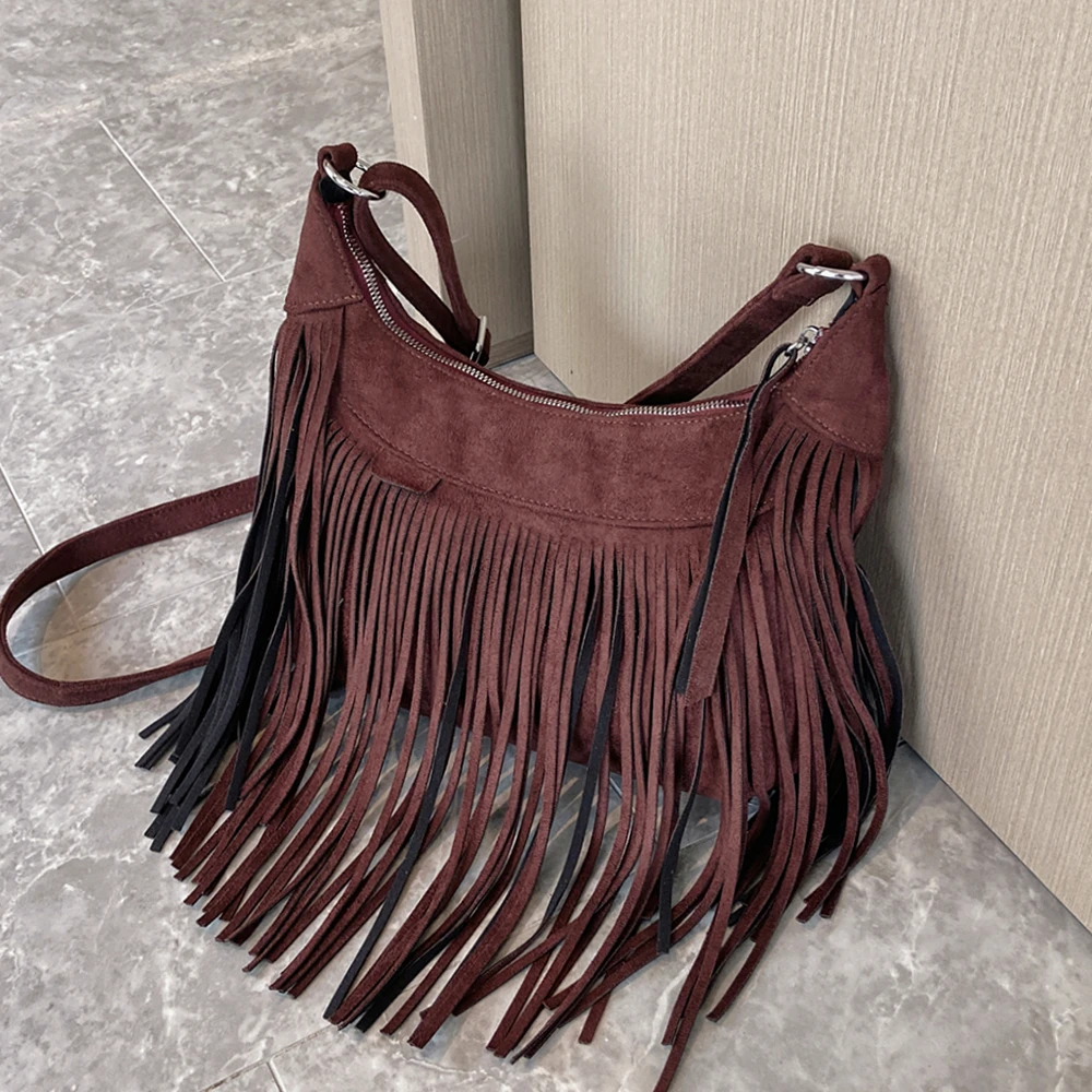 

Autumn Retro Fringe Suede Hobo Soft Shoulder Crossbody Bags For Women 2022 Trend Fashion Brand Designer Shopper Ladies Handbags