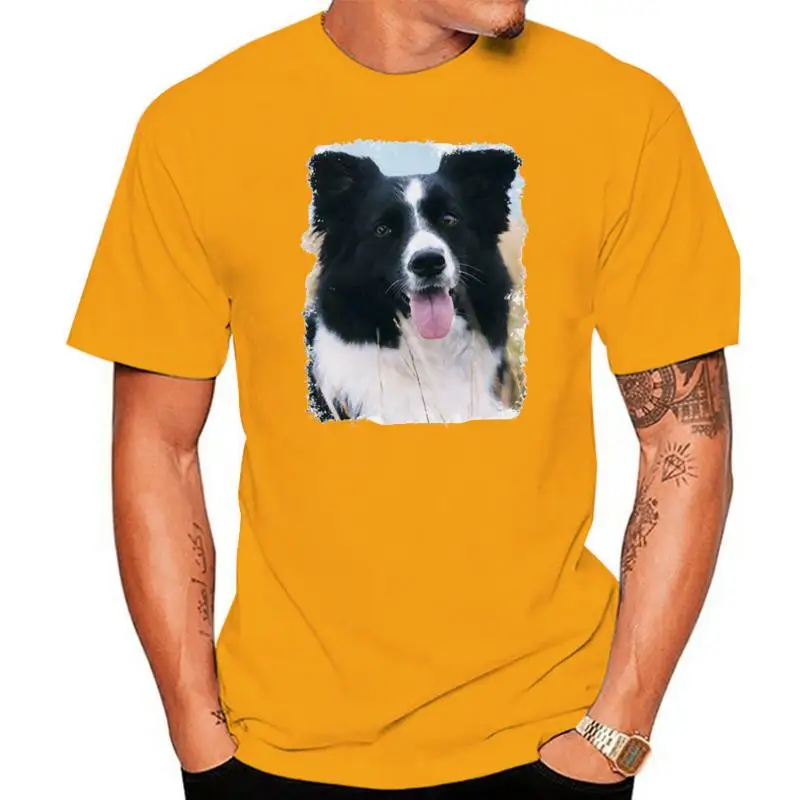 

Border Collie Dog Sitting In Field Mens Cotton T-Shirt High Quality Tee Shirt