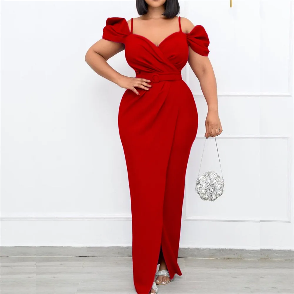 

Women's Dress Strapless Straps Solid Color V-neck Sexy Package Hip Maxi Dress New Fashion 2022 Spring Summer Party Dresses