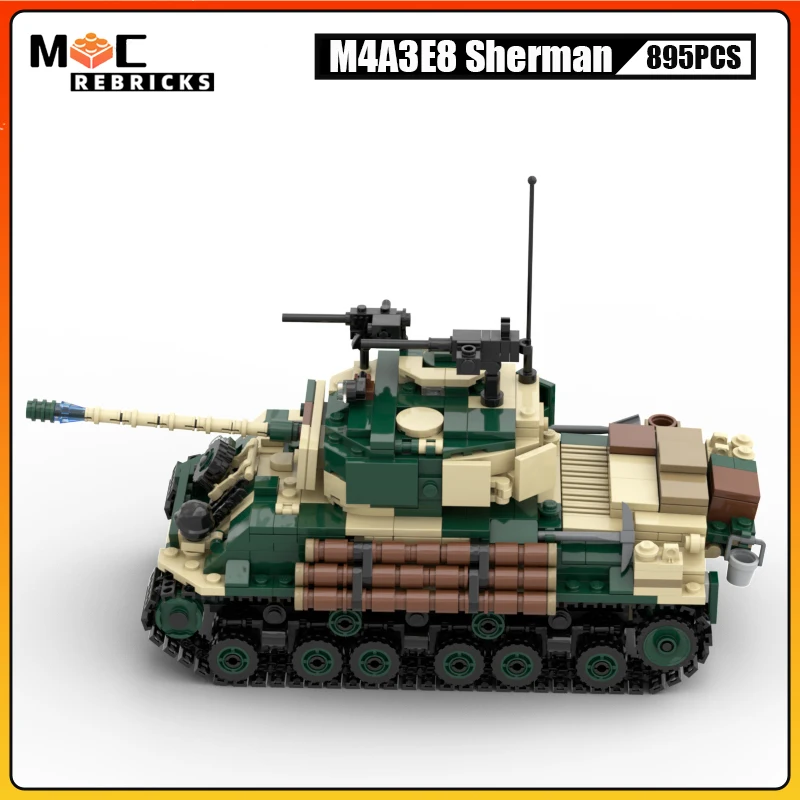 Фото Армейский танк времен Второй мировой войны M4A3E8 Sherman MOC, строительные блоки, военное оружие, трек, бронеавтомобиль, модель головоломки, кирпичи, игрушки, подарки для детей №2