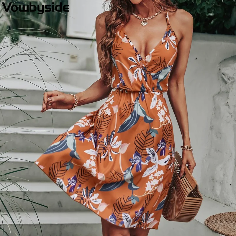 Summer Fashion Women's Dress V-Neck Sleeveless Spaghetti Strap Backless A-Line Dress