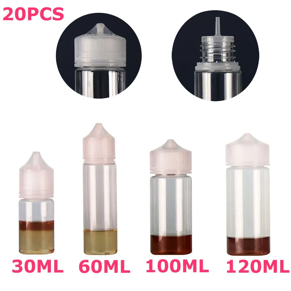 

20 X 30ML 60ML 100ML 120ML PET Empty Plastic e Liquid Juice Oil Fat Vape Dropper Bottles Jars Clear Containers CRC Caps Tips