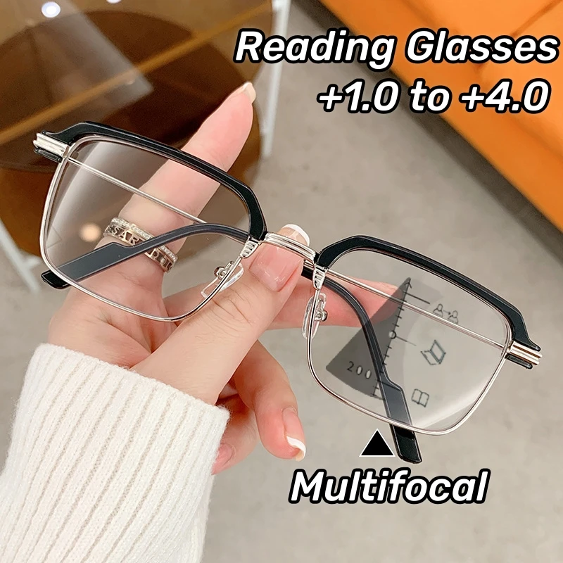 

Metal Square Progressive Multifocus Presbyopia Glasses High-definition Reading Glasses Anti Blue Light Dual Use for Far and Near
