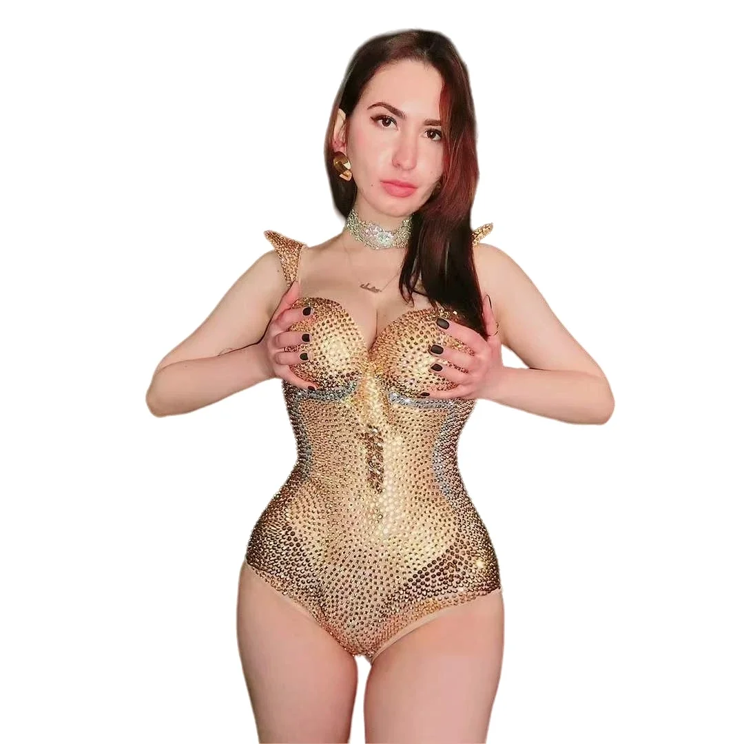Блестящие золотые женские боди со стразами сексуальная танцовщица певица