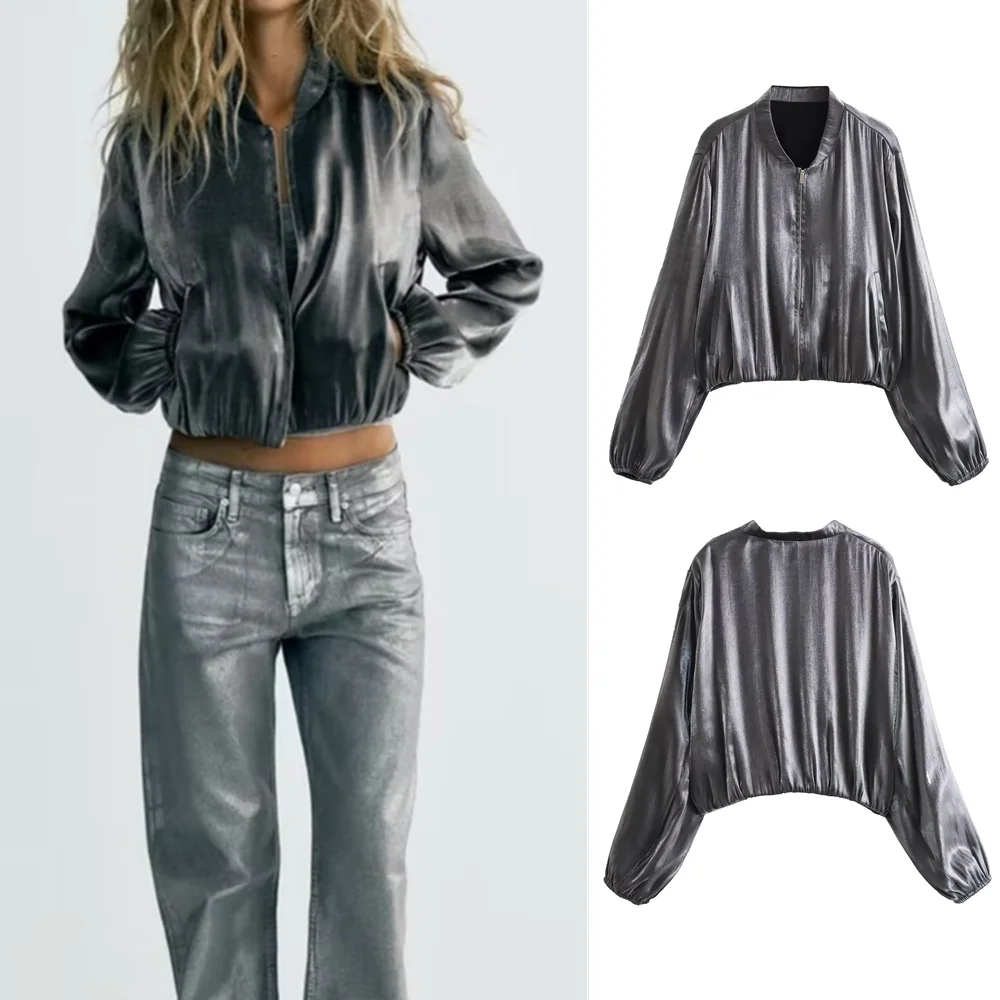

UNIZERA 2023 Summer New Women's Wear European and American Style Metal Foil Silk Satin Textured Pilot Jacket Coat 8495350