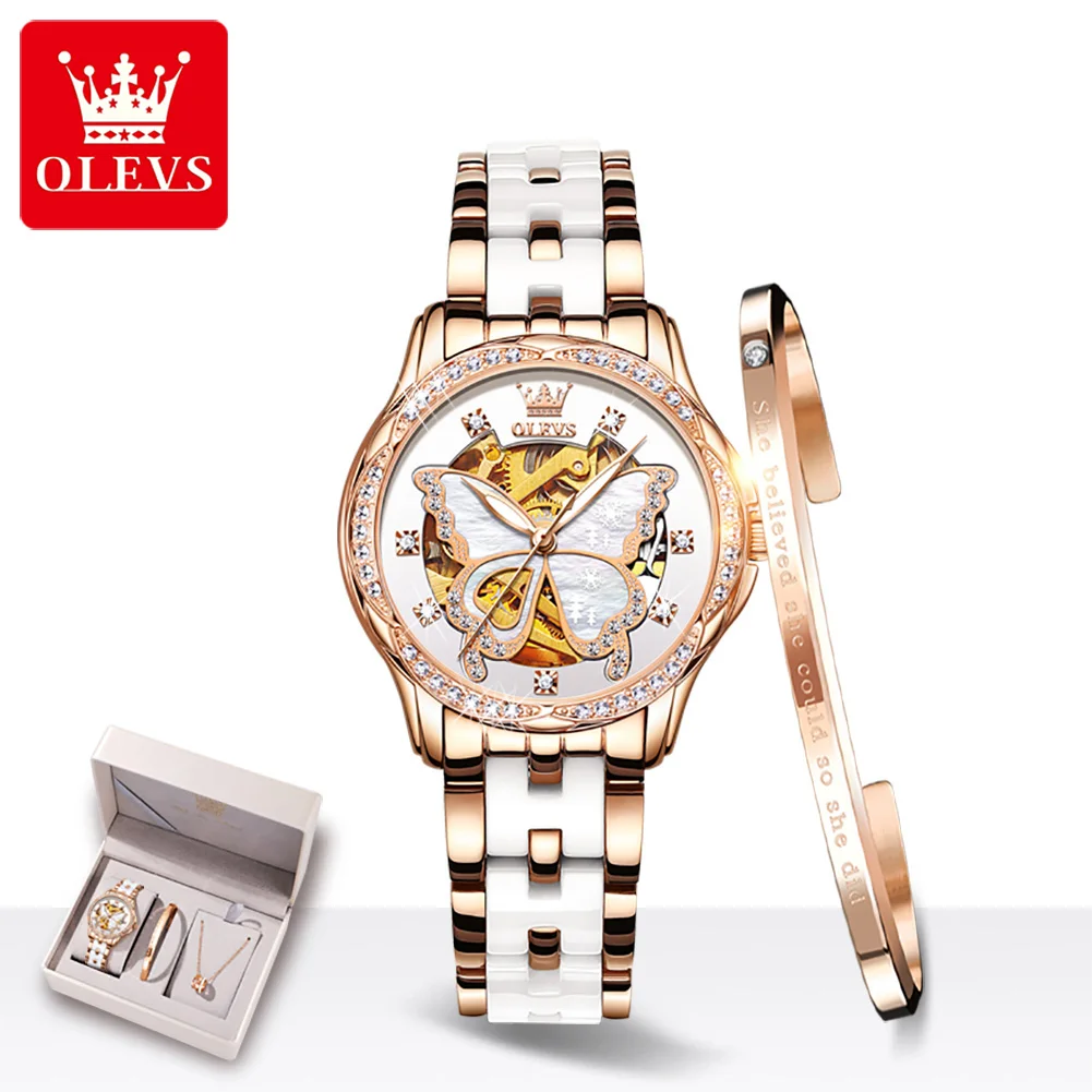 OLEVS Luxury Suit Bracelets and Necklaces Women Automatic Mechanical Watch Fashion Ceramic Strap Waterproof Skeleton Watch Women