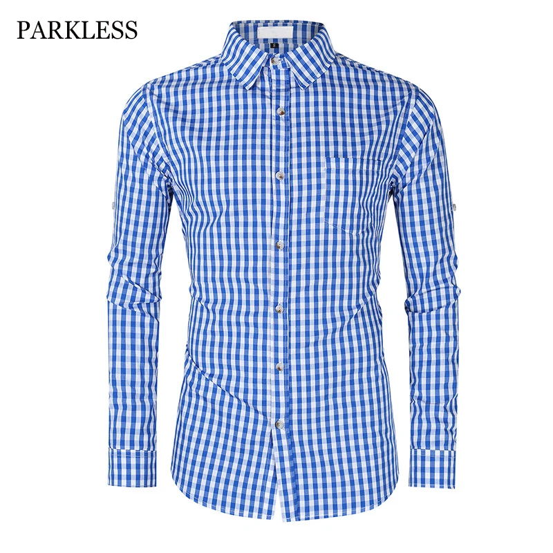 

Small Plaid Button Down Shirt 100%Cotton Men Summer Long Sleeve Slim Fit Mens Dress Shirts Casual Checks Gingham Chemise Homme