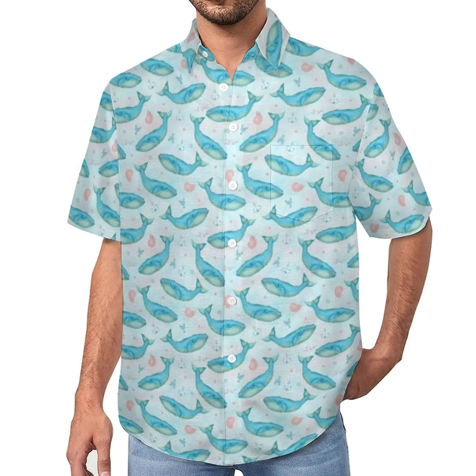 

Nautical Ocean Beach Casual Shirts Blue Whale Beach Shirt Hawaii Streetwear Blouses Men Graphic Large Size