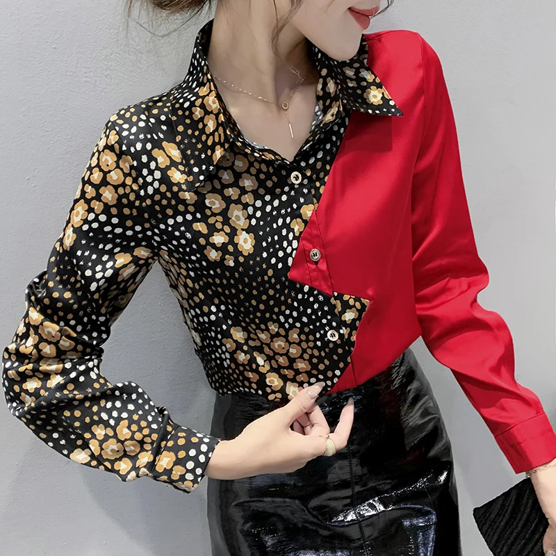 Women's Autumn New High End Temperament Polo Collar Long Sleeve Button Contrast Slim Fit Panel Fashion Versatile Shirt Top