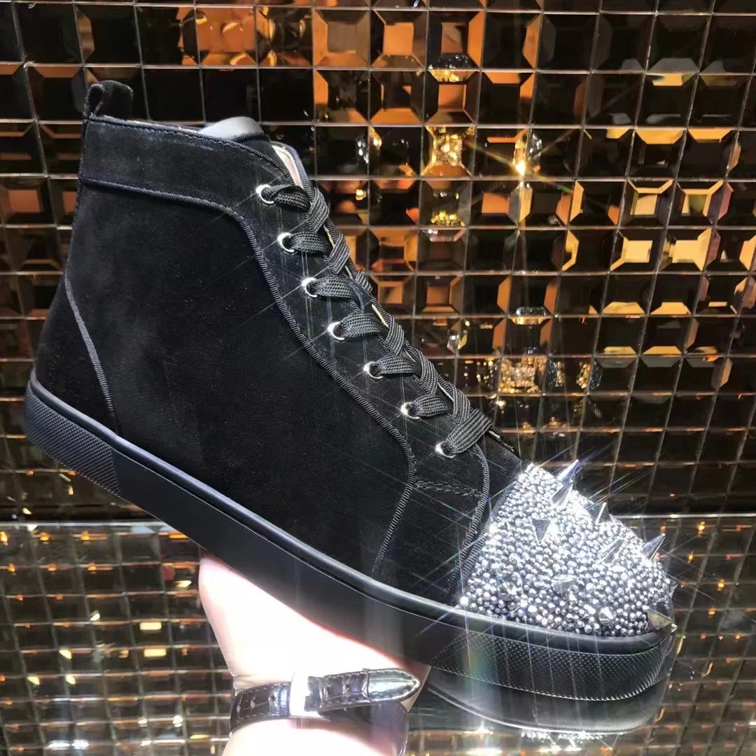 

Luxury Leather NEW Red Sole Men's Shoes Rhinestone Rivets High Top Women's Shoes Sneakers