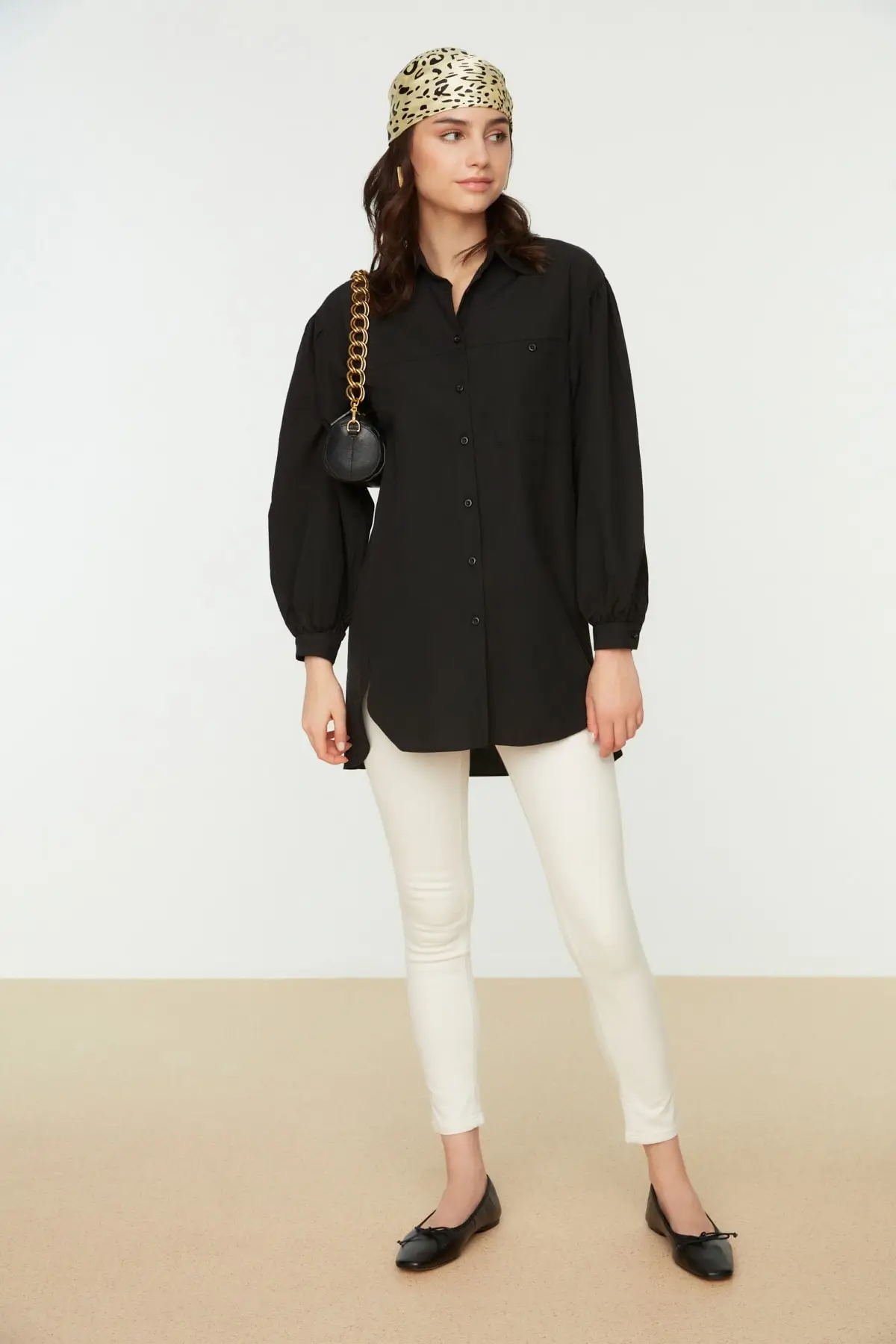 Black Balloon Sleeve Back Long Pocket Detail Basic Woven Shirt TCTSS21GO0976 Additional Feature Available Don 'T Single Flat Collar Casual
