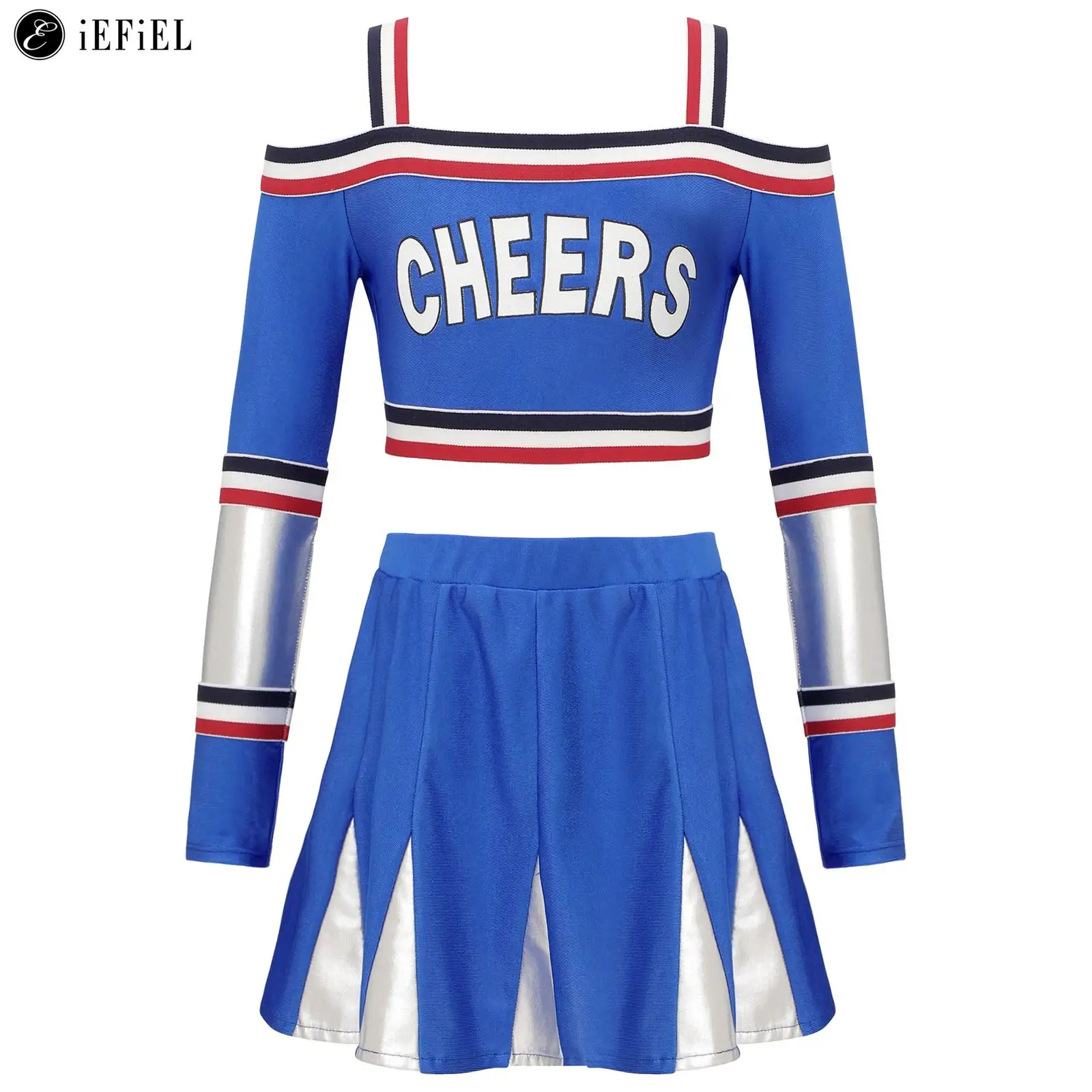 

Детская Униформа чарлидинга для девочек, комплект из 2 предметов, кроп-топ с открытыми плечами и плиссированная юбка для Хэллоуина, спортивн...