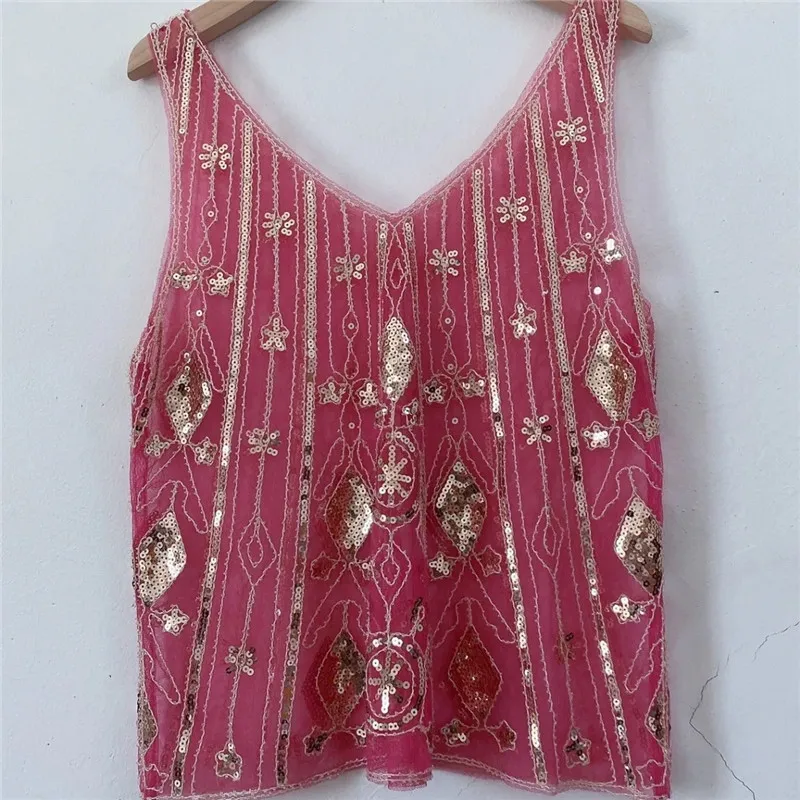 

Fashion Women's Vest Sling Summer Autumn 2023 Sexy Sequined Beaded Bottoming Shirt Double V-Neck Backless Loose Vest Tops Female