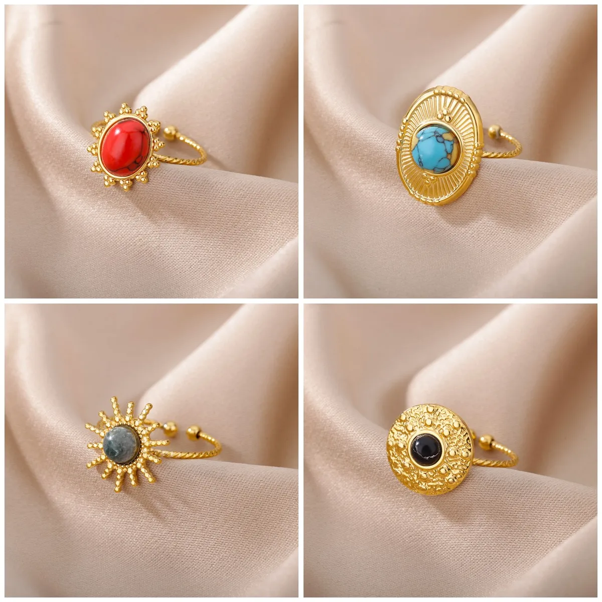 

PVD Plated Stainless Steel Rings Natural Stone Vintage Jewelry For Women 18K Gold Color Sun Ring Birthday Gift New Free Shipping