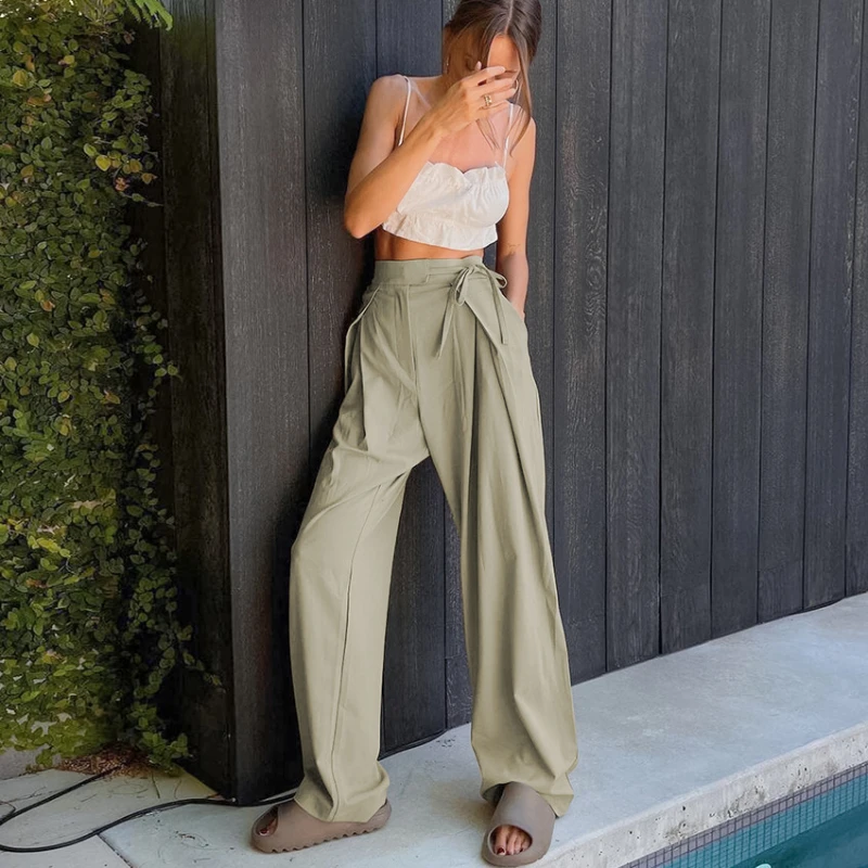 

Vintage Solid Green Summer Pants Women Lace Up Wide Leg Pants Female Casual Loose Trousers Office Work High Waist Pants