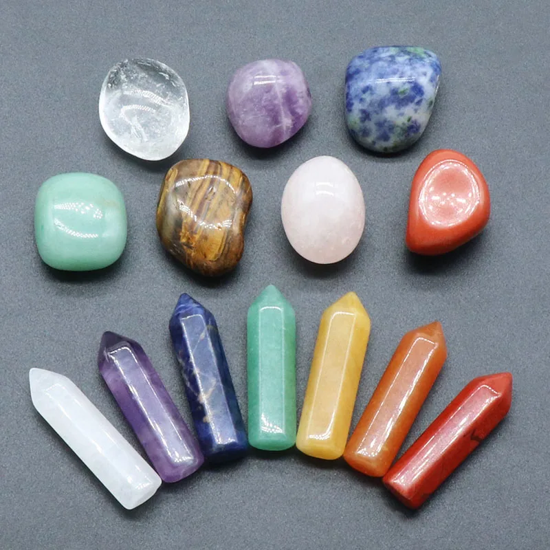 

14pc Natural Stone 7 Chakras Energy Crystal Column Polished Amethysts Rose Quartzs Divination Bead for Women Meditation Jewelry