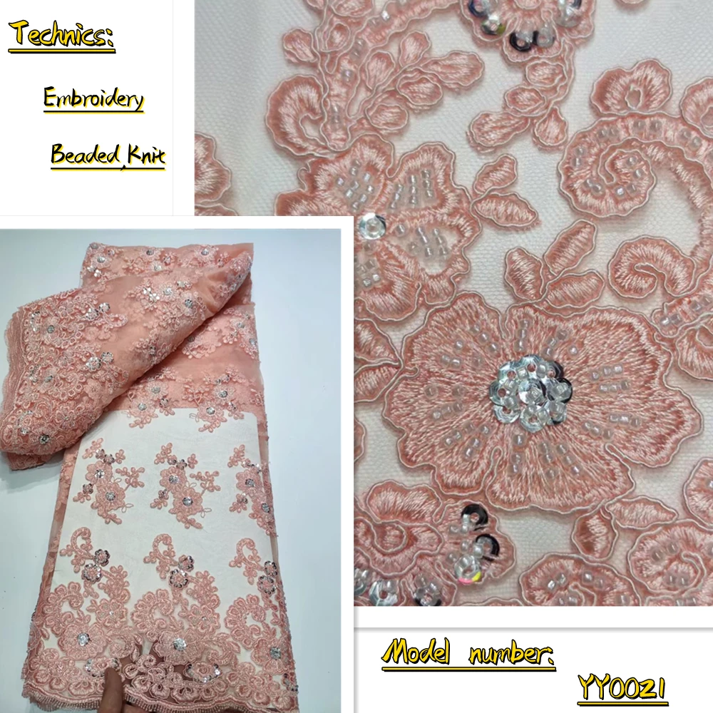 

OEMG Pink Classic African Tulle Lace Luxury Nigerian Bone Rope + Bead ​Lace Cloth For Womam Bridal Fabric Textiles Sew YY0021