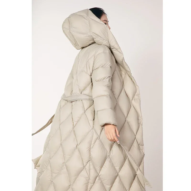 Женский длинный пуховик с капюшоном теплый гусиным пухом зима 2024