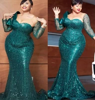 plus size evening dresses green sequins beads pearls mermaid prom dress long sleeves party gowns customize robes de mari%c3%a9e