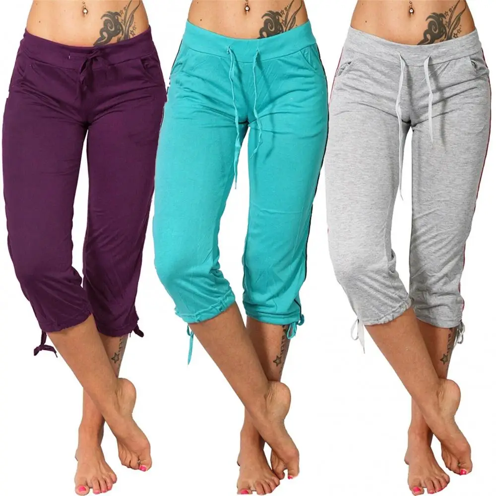 

Women Solid Color Mid Rise Pockets Drawstring Slim Capri Pants Cropped Trousers Women Sports Shorts Yoga Trousers Women Clothing