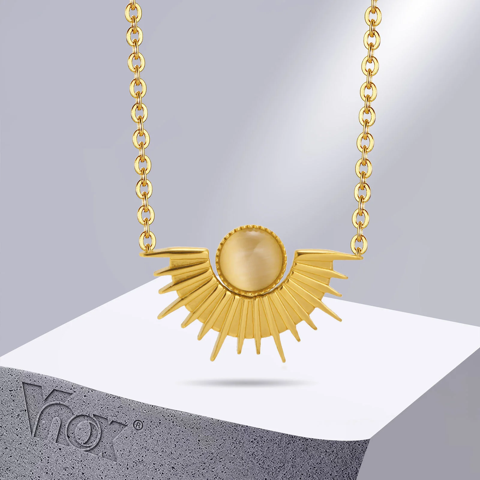 

Vnox Stylish Women Sector Neckalces, Gold Color Stainless Steel Geometric Fan Shaped Pendant with Adjustable Chain