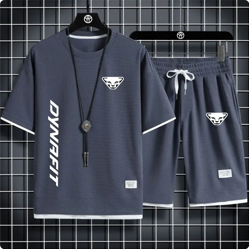 

DYNAFIT Summer Waffle Men's Two-piece Sportswear Suit Short Sleeved Casual T-shirt Shorts Sports Fitness Jogging Men Sets