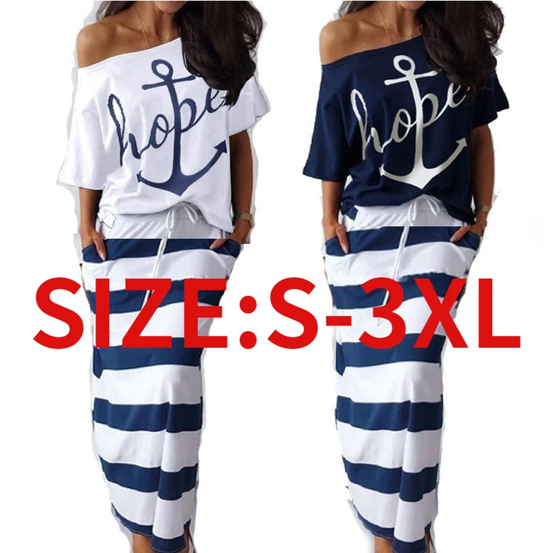

Ladies Sexy Shirt Skirt Two Piece Off Shoulder T-Shirt Slim Fit Long Skirt
