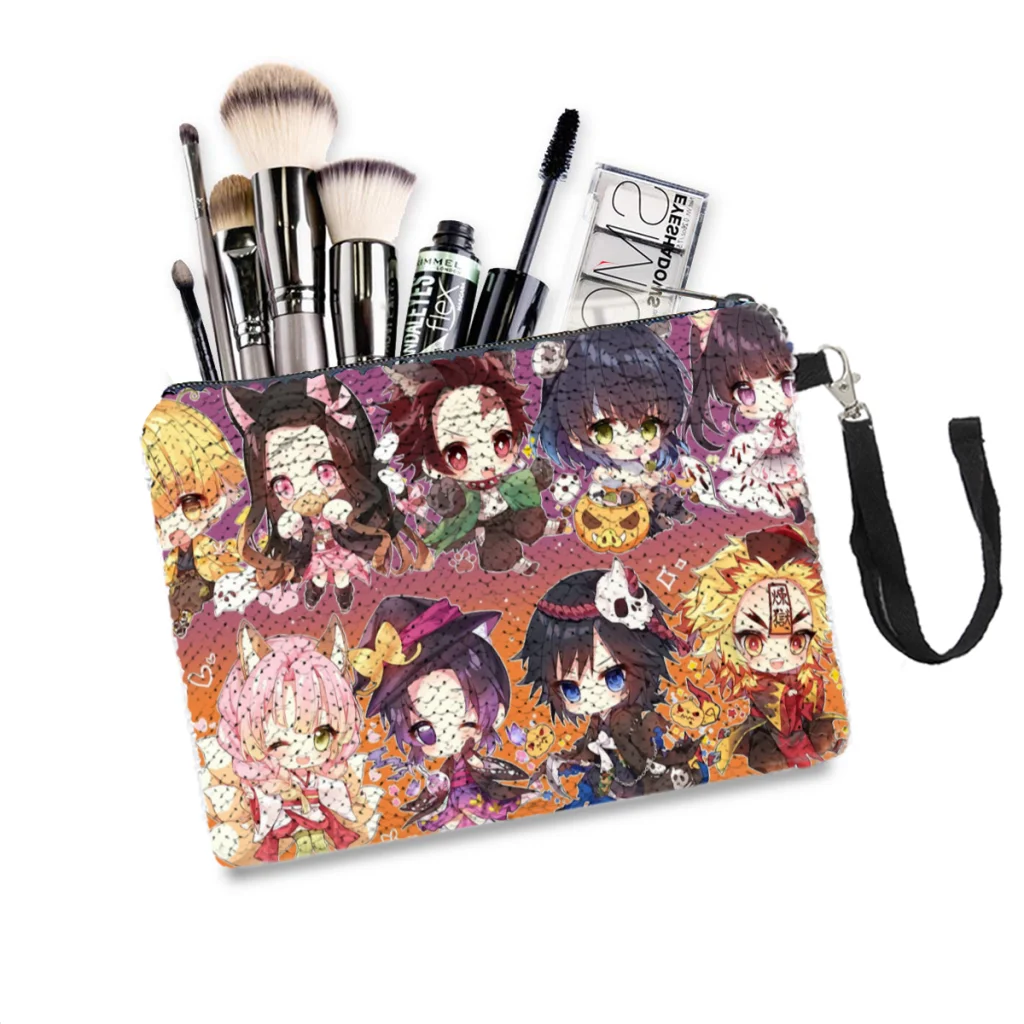 

Chibi Sequins Makeup Bag Demon Slayer Anime Women Girl Glitter Portable Cosmetic Bag Small Organizer Pouchs Travel Storage