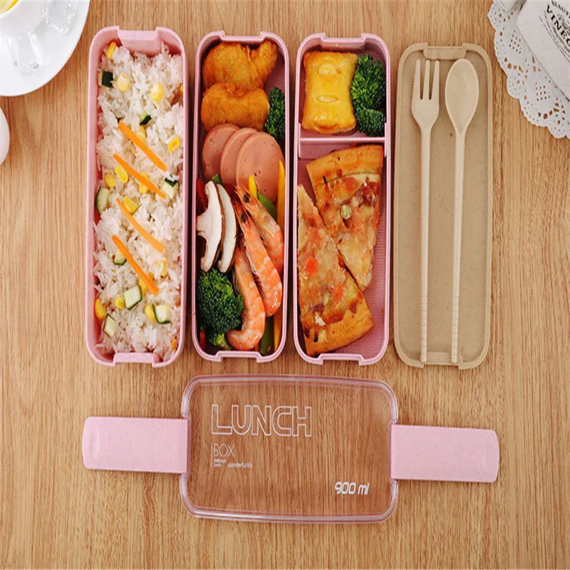 

900ml Healthy Material Lunch Box 3 Layer Wheat Straw Bento Boxes Microwave Dinnerware Food Storage Container Lunchbox Kichen