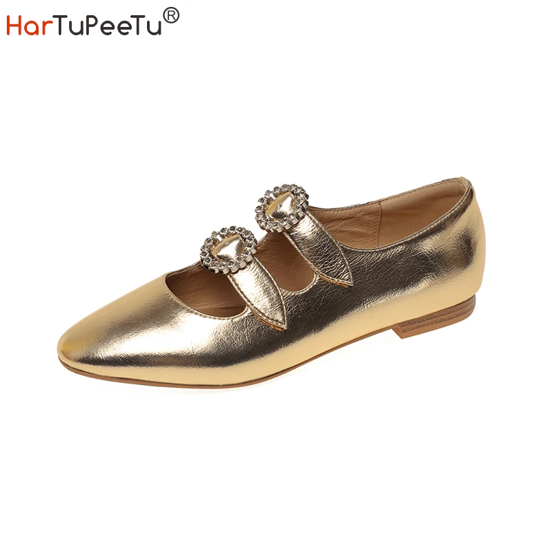 Gold Silver Black Heeled Flats Girls Luxury Mary Janes Shoes 2022 Fall Retro Genuine Leather Crystal Buckle Sweet Princess Shoes