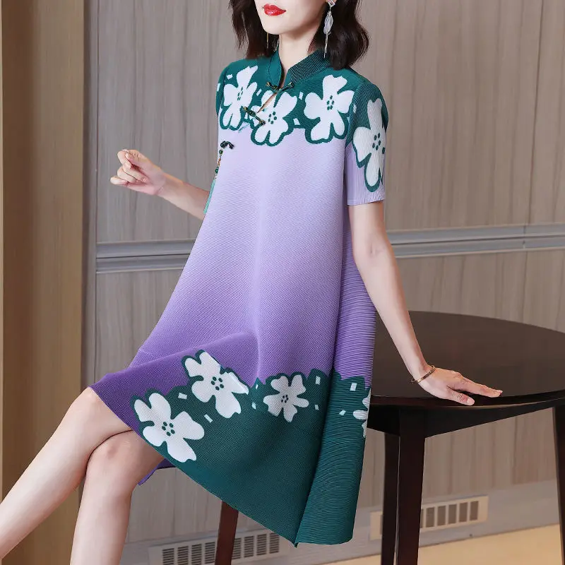 

Dress 2022 Summer new fold skirt printing loose fashionable temperament neck collar short sleeve long dress women's clothing
