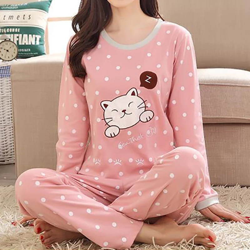 

Осенне-зимняя Хлопковая женская пижама с принтом, топ с круглым вырезом и длинным рукавом, длинные брюки, пижамный комплект, женская одежда ...