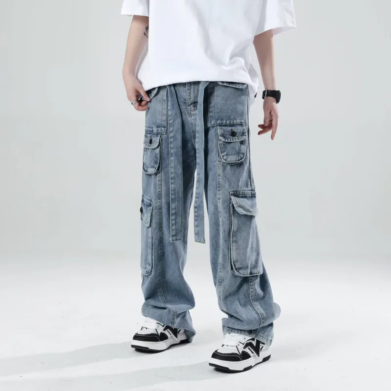 Blue Baggy Cargo Jeans Men Fashion Retro Pocket Jeans Men Japanese Streetwear Hip-hop Loose Straight Denim Pants Mens Trousers