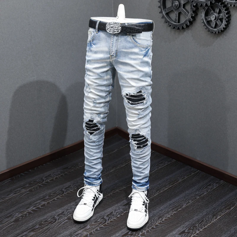 High Street Fashion Men Jeans Retro Light Blue Elastic Skinny Fit Ripped Jeans Men Leather Patched Designer Hip Hop Brand Pants