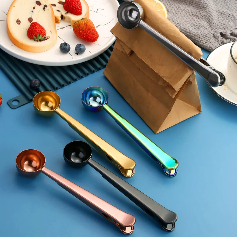 

Stainless Steel Coffee Spoon Clip Two-in-one Stainless Steel Coffee Spoon Sealing Clip Kitchen Gold Accessories Recipient Cafe