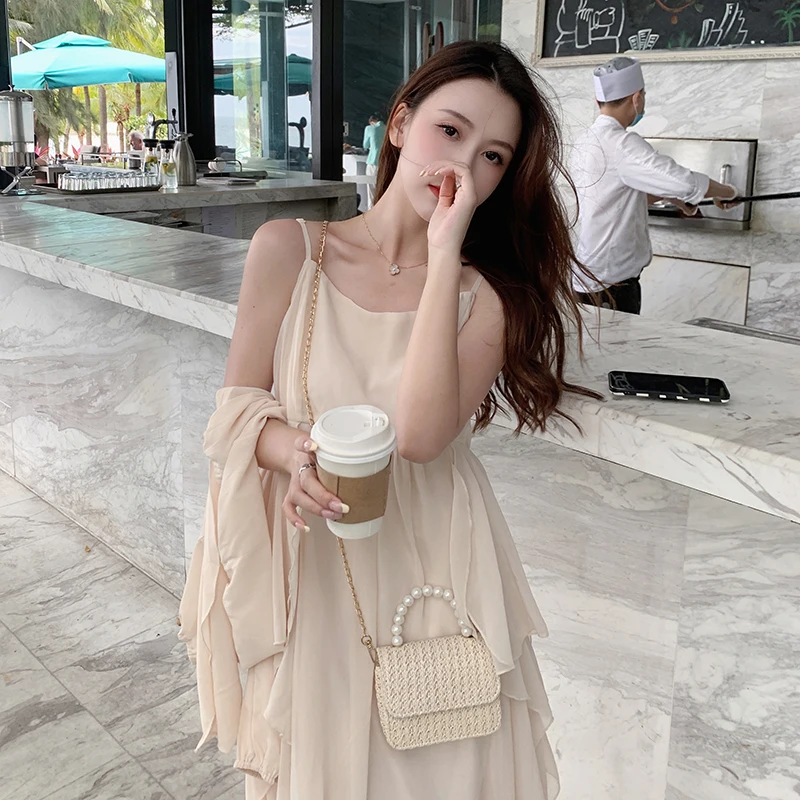 

Женский шифоновый элегантный костюм для отпуска, Солнцезащитный топ и Асимметричный Сарафан, комплект из двух предметов, подходящая одежда, летняя одежда