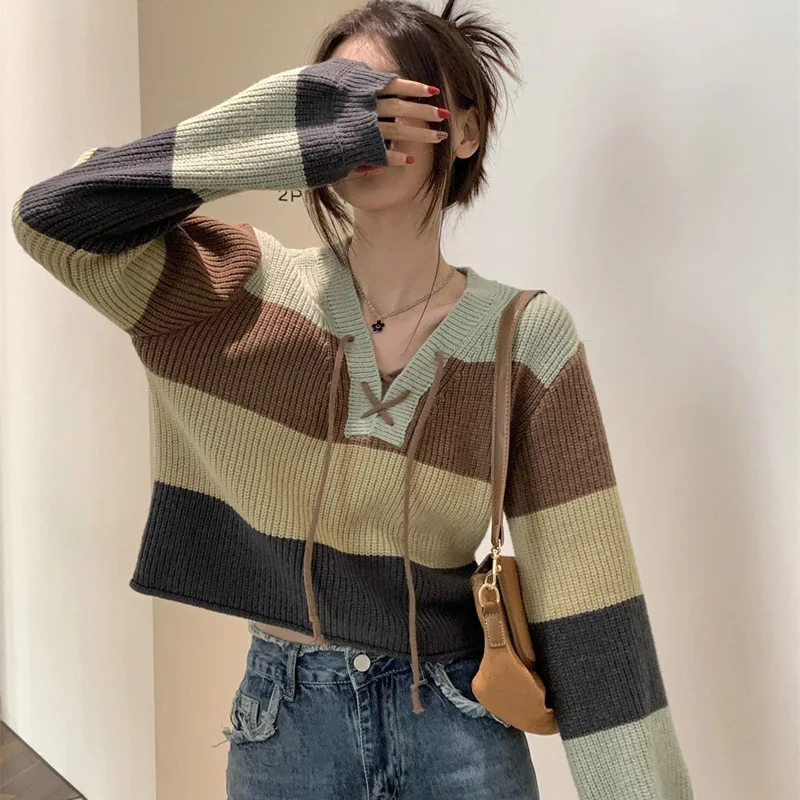 

Women Lace Up Striped Patchwork Cropped Knitted Sweater Long Sleeve Tops Loose Korean Autumn Winter Pullovers New