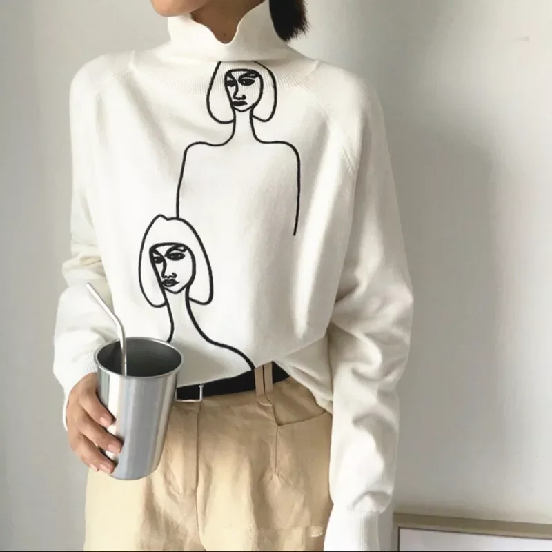 

2022New Autumn Women Cartoon Print Pullovers Long Sleeve Turtleneck Women Knitting Sweater Femme Pull Femme