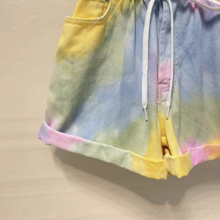 

123900 Fashion Classic Trendy Luxury Design Spring Summer New Rainbow Tie Dyed Drawstring Turn-up Denim Shorts