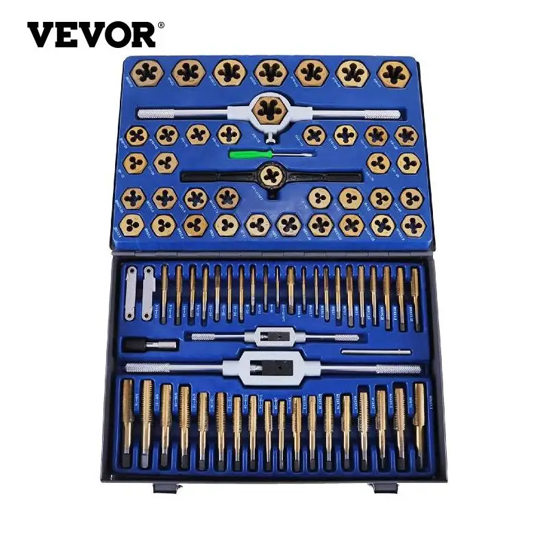 VEVOR Tap and Die Set 86PCS 110PCS Tungsten Steel Titanium Hand Threading Tool with Wrench Screwdriver for Repairing Cutting