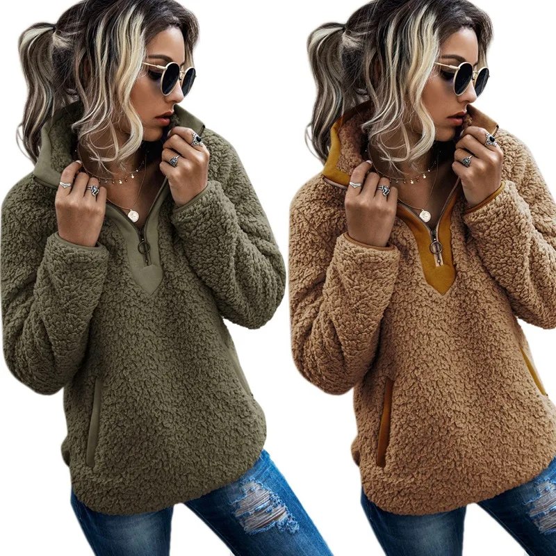 

Hot Kf-2Pcs Women Sherpa Sweater Teddy Fleece Pullover Half Zipper Sherpa Fleece Tops Female Warm Coat Sweaters S Green & Camel