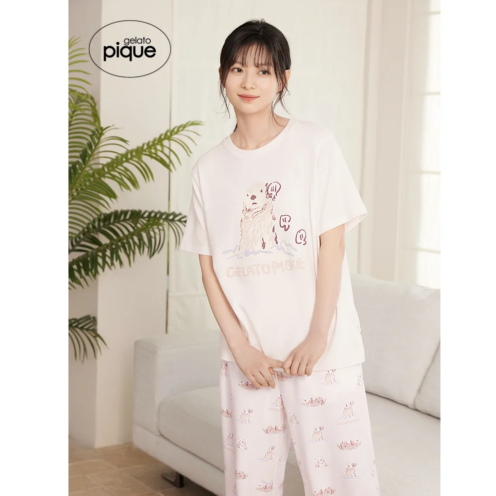 

Милая Пижама, одежда для комнаты, летняя женская пижама желато пике, милая Футболка с принтом выдры и короткими рукавами, топы, брюки, платье