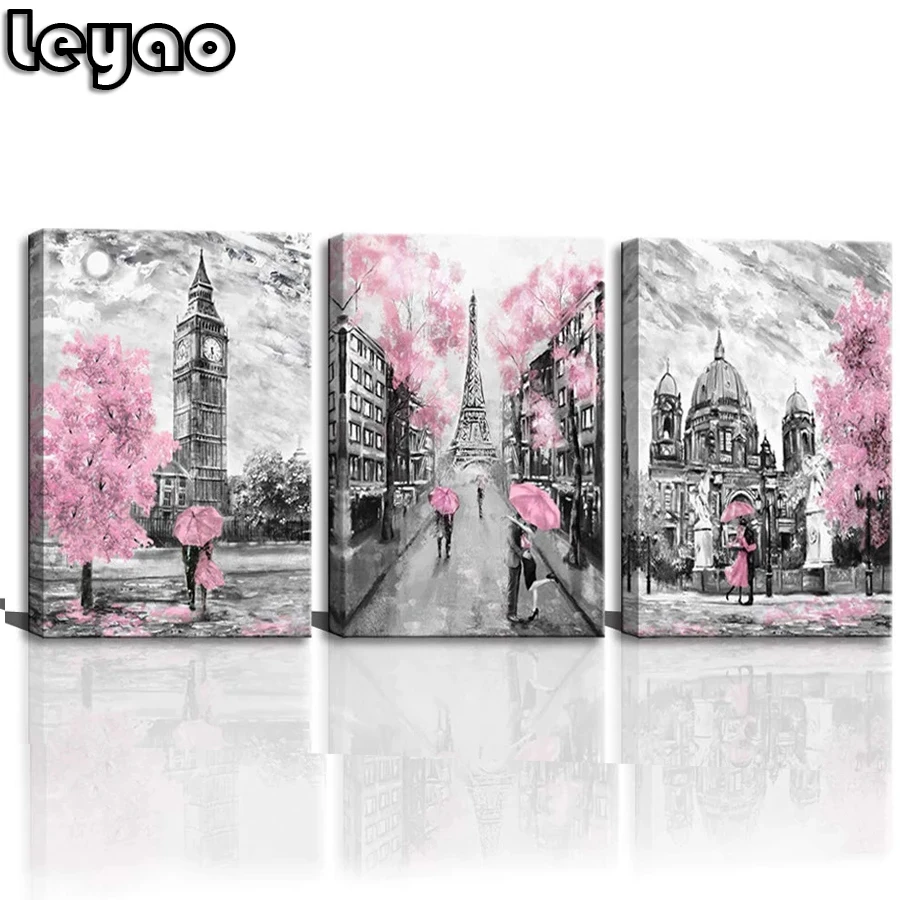 

Paris Tower Pink Lovers Decor 5D DIY Diamond Painting Full Square Drill Diamond Embroidery Portrait Diamond Mosaic Triptych