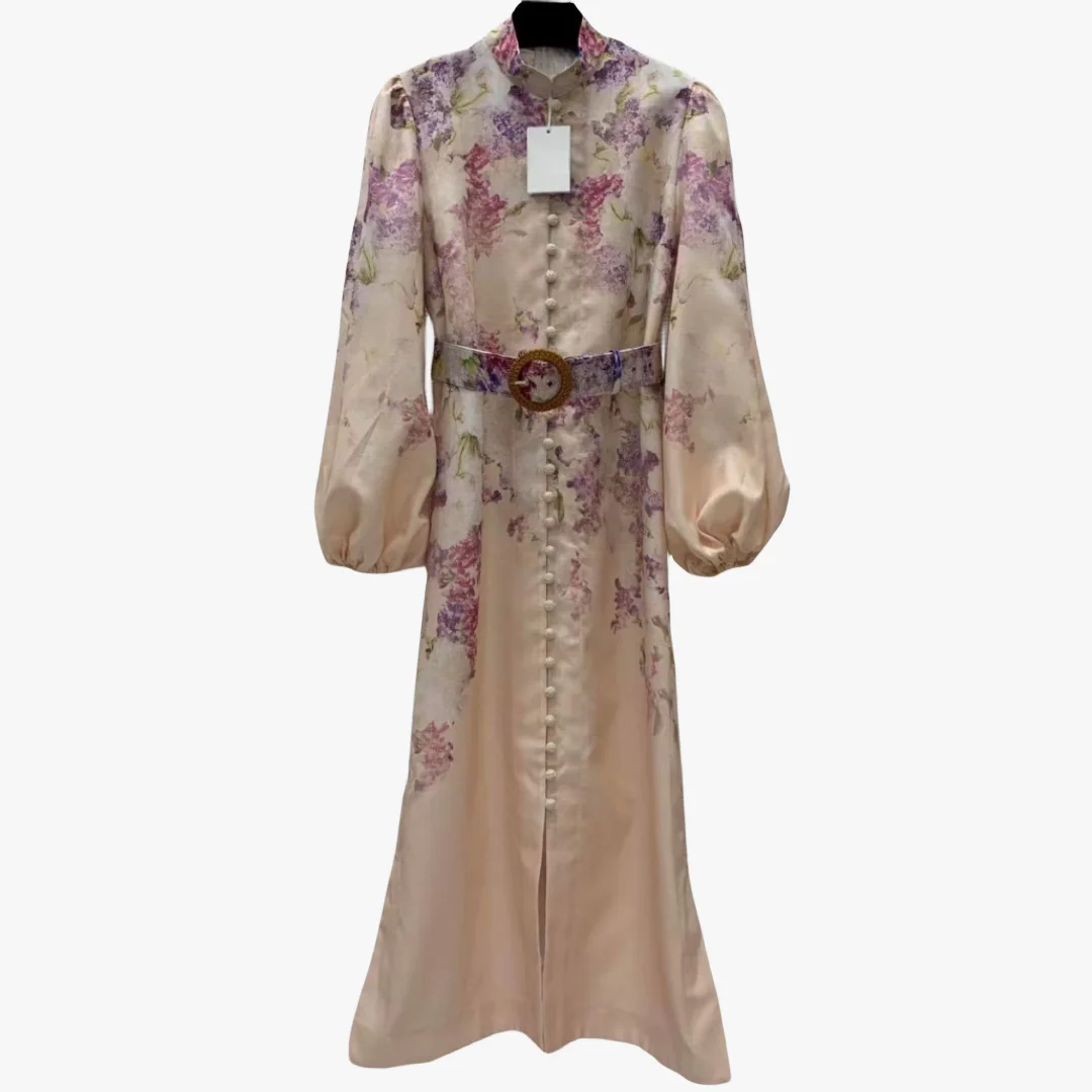 

Женское платье с рукавами-фонариками, приталенное платье с принтом, с воротником-стойкой и пряжкой спереди, с разрезом сбоку, весна-лето 2023